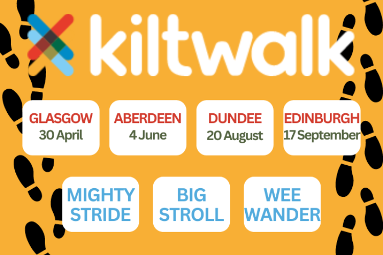 Kiltwalk 2023 information tile with dates of Kiltwalks and locations