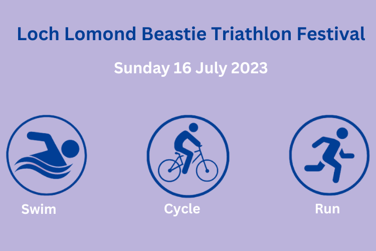 infographic showing in separate circles a person swimming, cycling and running against a purple background