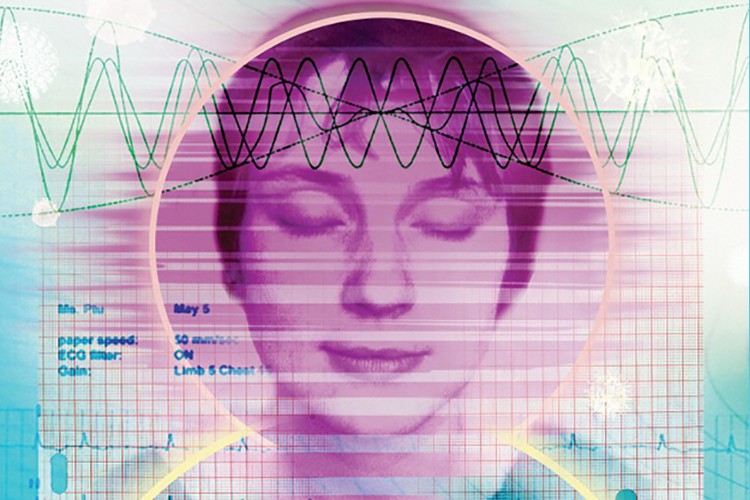 stylised image of woman with her eyes closed overlaid with scientific imagery