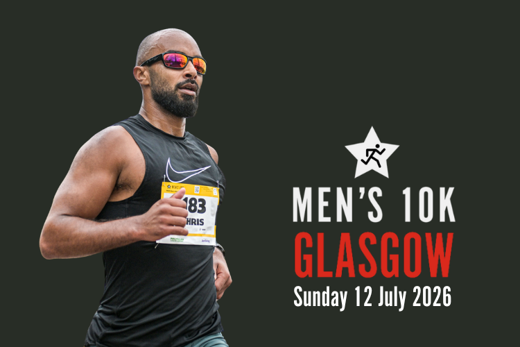 An infographic of a male runner for the Men's 10K Glasgow on Sunday 12 July 2026