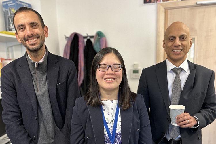 A picture following Dr Charis Wong's successful PhD Viva. From left to right the people in the picture are Professor Paresh Malhotra from Imperial College London, Dr Charis Wong, Dr Manoj Lalu from University of Ottawa