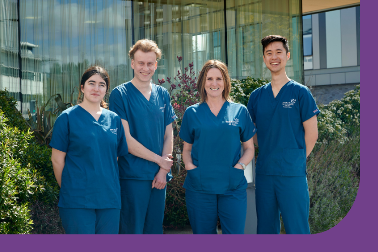A picture taken outside the Anne Rowling Clinic building in Edinburgh. In the group picture are the authors of the Census paper from left to right they are, Jess Gill, Ethan Stoker, Judith Newton and Isaac Chau