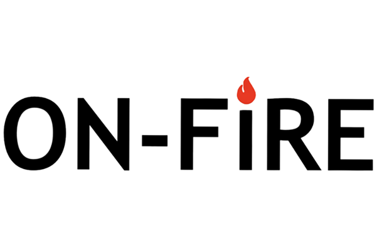 ON-FIRE logo. It is black lettering and the I in FIRE has a red flame instead of a dot.