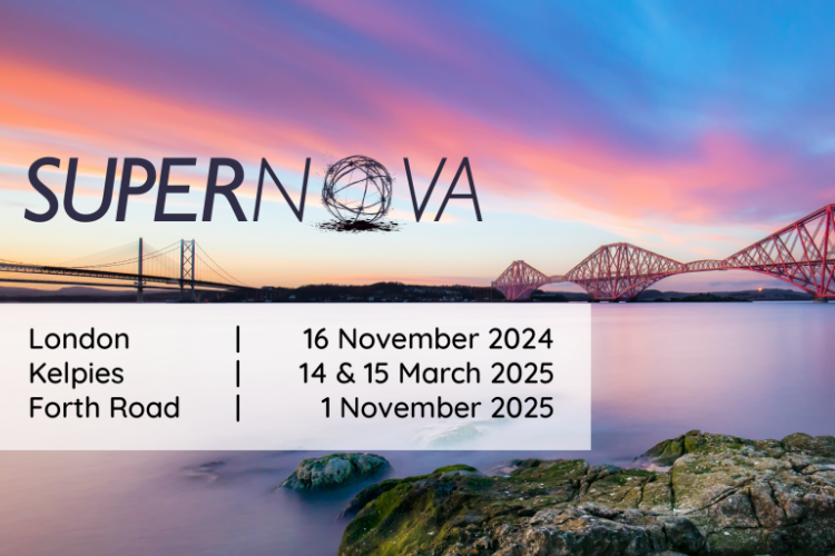 The Forth Rail Bridge, Scotland at sunset. The infographic has the dates for Supernova runs in London, Kelpies and the Forth Road