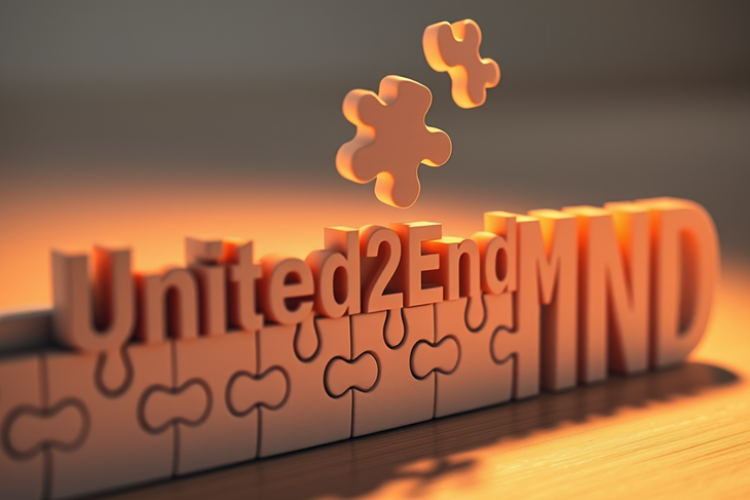 A wooden jigsaw puzzle containing the words United2EndMND