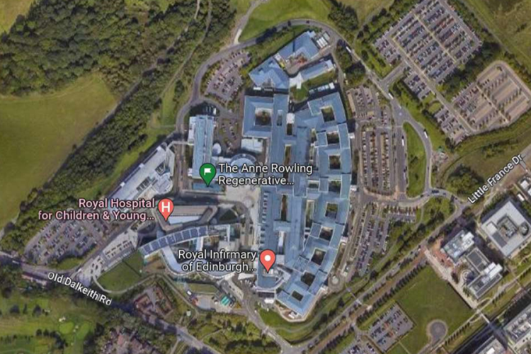 A google maps bird's eye view of the Anne Rowling Clinic and neighbouring buildings & roads