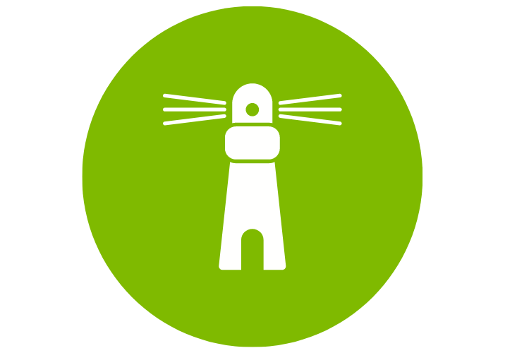 Green circle with white lighthouse graphic in centre