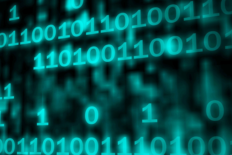 Digital binary code; a series of alternating and repeating zeros and ones in light blue and black background