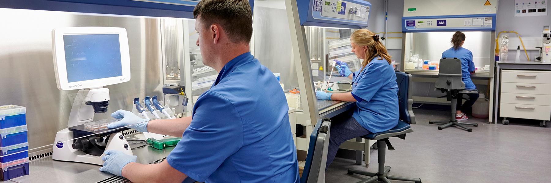 Three scientist in laboratory coats working in a lab. Each person is sitting using an extractor hood while carrying out their research.