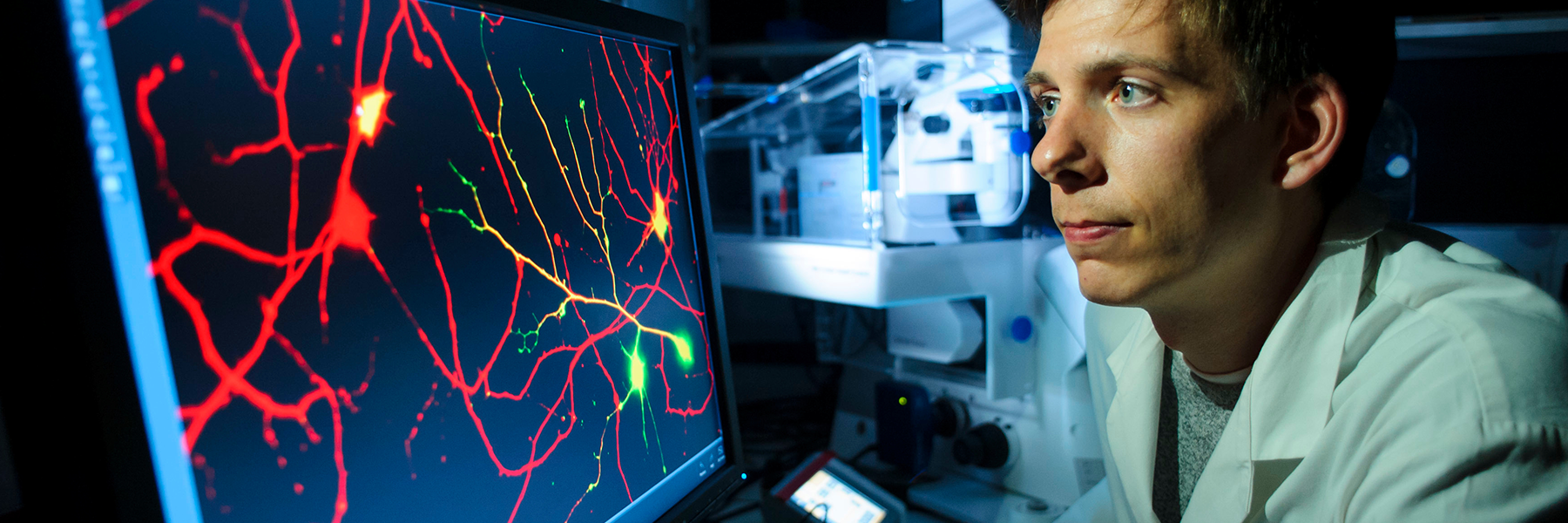 A nurse looking at a moniter showing red neurons, with a large modern imaging machine in the background