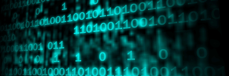 Digital binary code; a series of alternating and repeating zeros and ones in light blue and black background