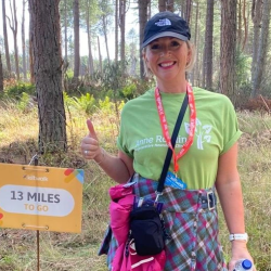 A picture of Zoe Farmer with 13 miles to go on the Kiltwalk 2022